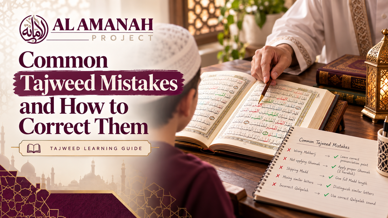 Student learning Tajweed rules and correcting Quran recitation mistakes with a teacher