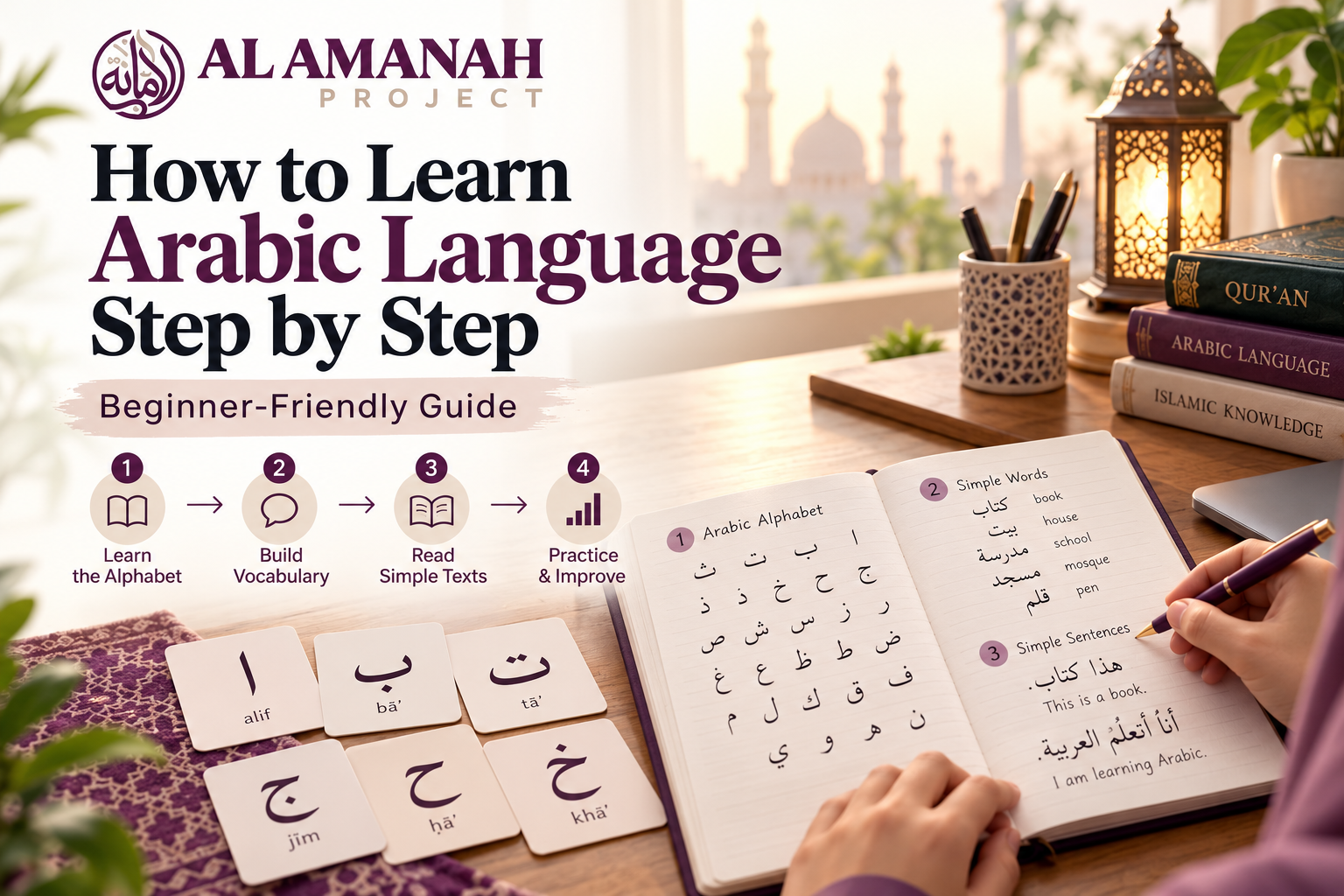 Beginner studying Arabic language step by step with Arabic alphabet and learning materials