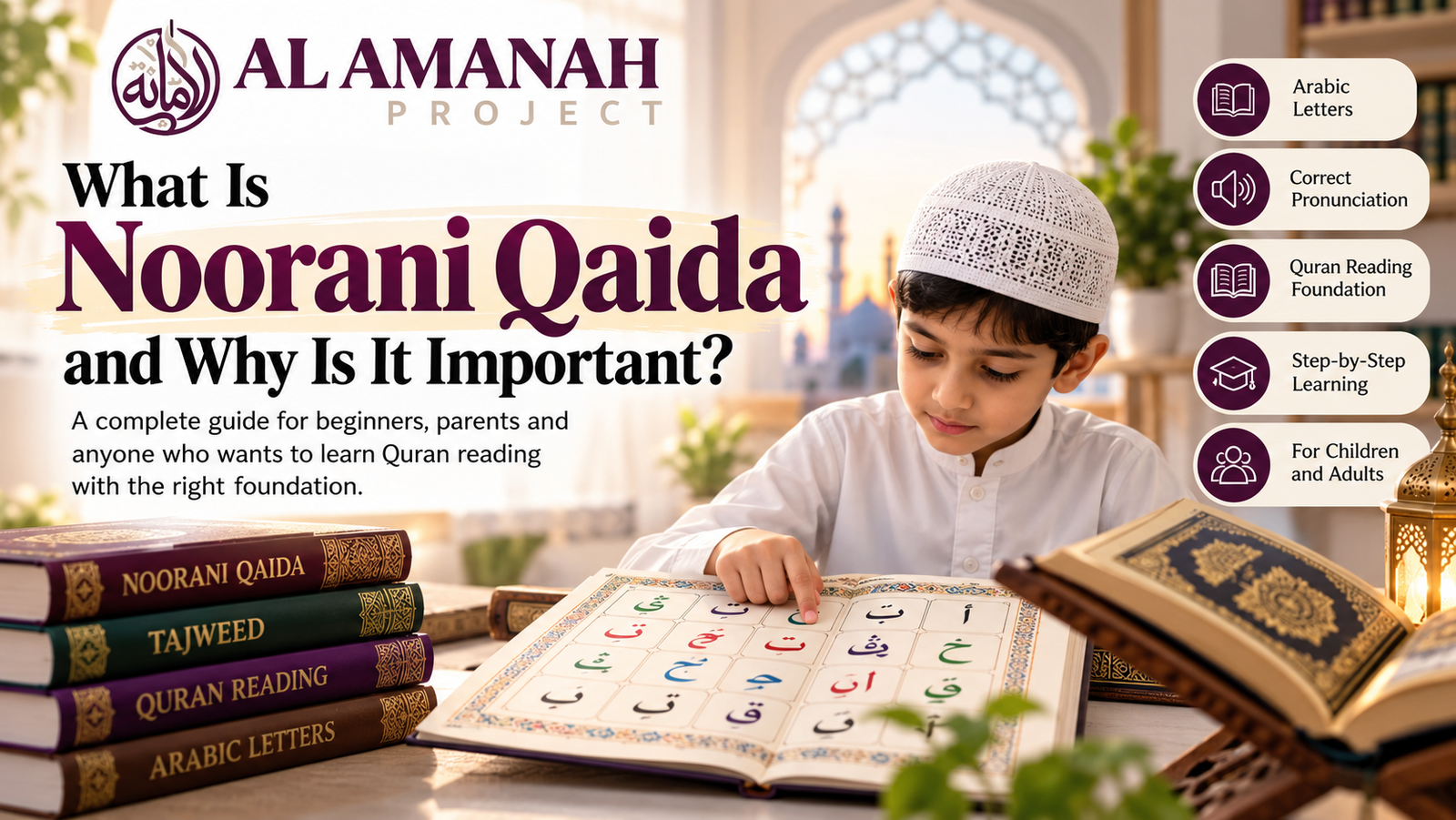 Beginner learning Noorani Qaida for correct Quran reading and pronunciation
