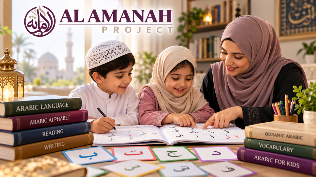 Current image: Children learning Arabic alphabet with books and educational activities through Al Amanah Project