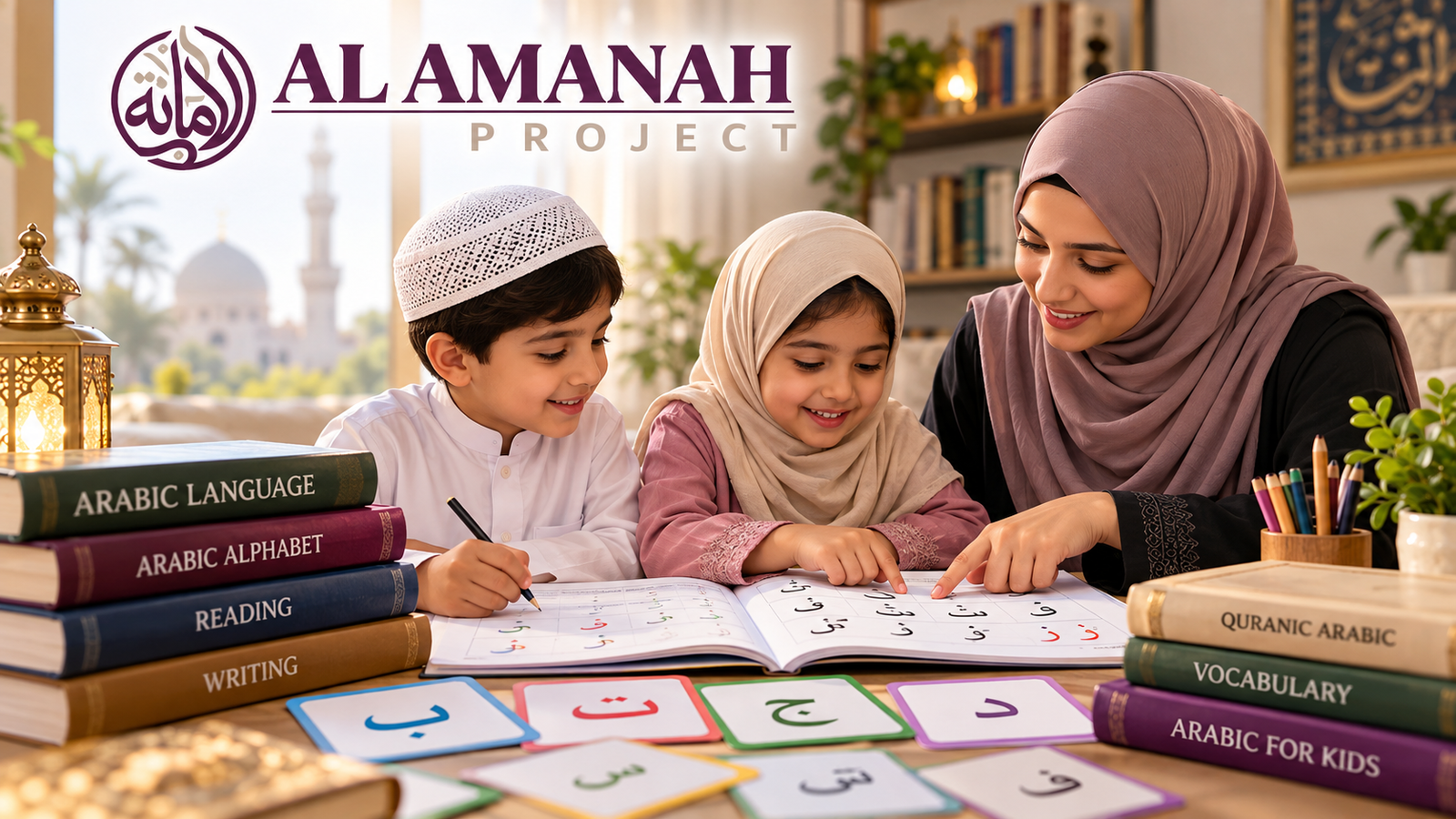 Children learning Arabic alphabet with books and educational activities through Al Amanah Project