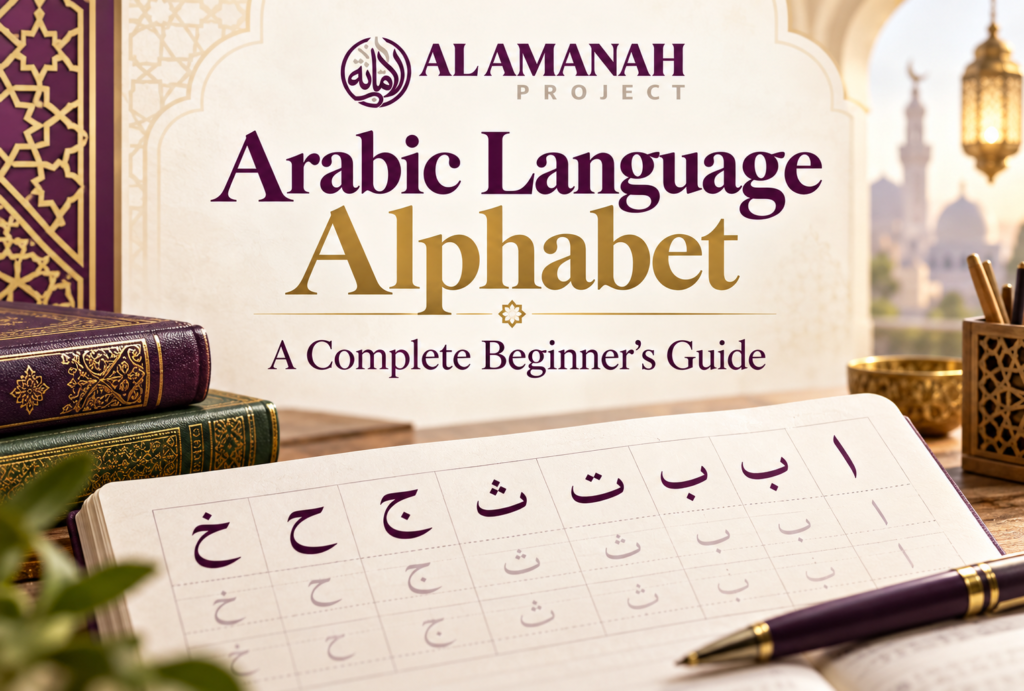Current image: Arabic Language alphabet chart showing all 28 Arabic letters with names and pronunciation for beginners