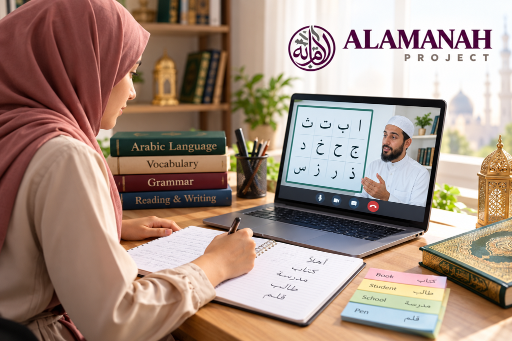 Current image: Beginner learning Arabic Language online with guided lessons
