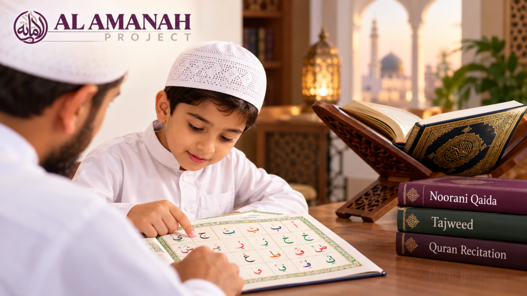 Current image: Student learning Noorani Qaida before beginning Quran reading with correct Arabic pronunciation