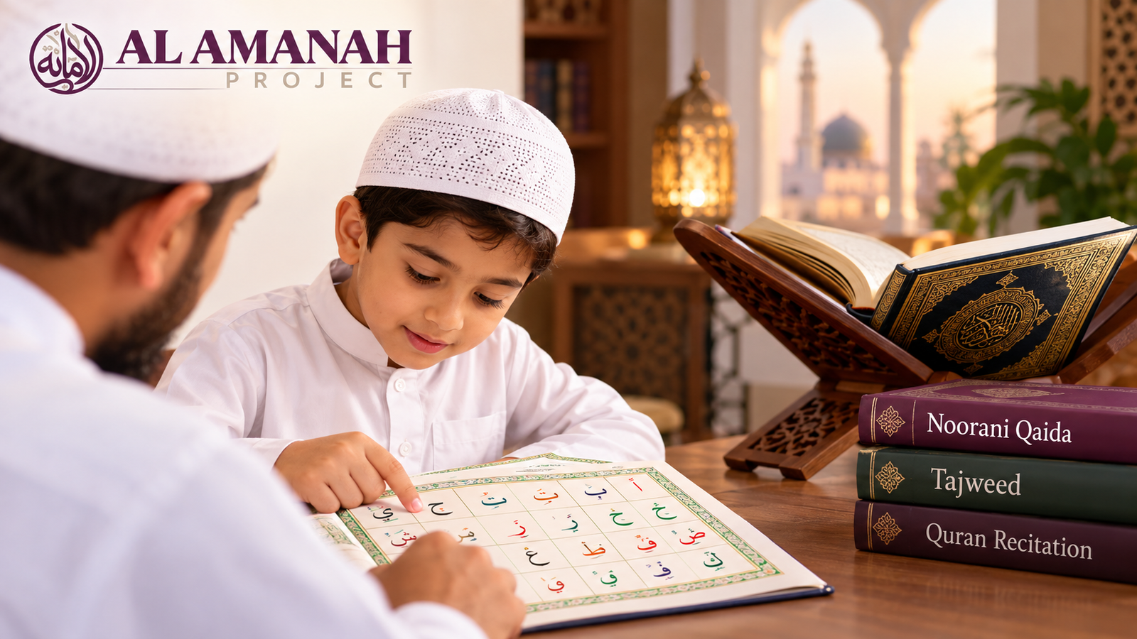 Student learning Noorani Qaida before beginning Quran reading with correct Arabic pronunciation