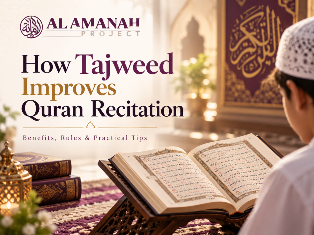 Current image: Student learning Tajweed rules and correct Quran recitation with an open Holy Quran