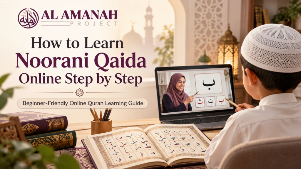 Current image: Student learning Noorani Qaida online step by step with Arabic letters and Quran reading lessons