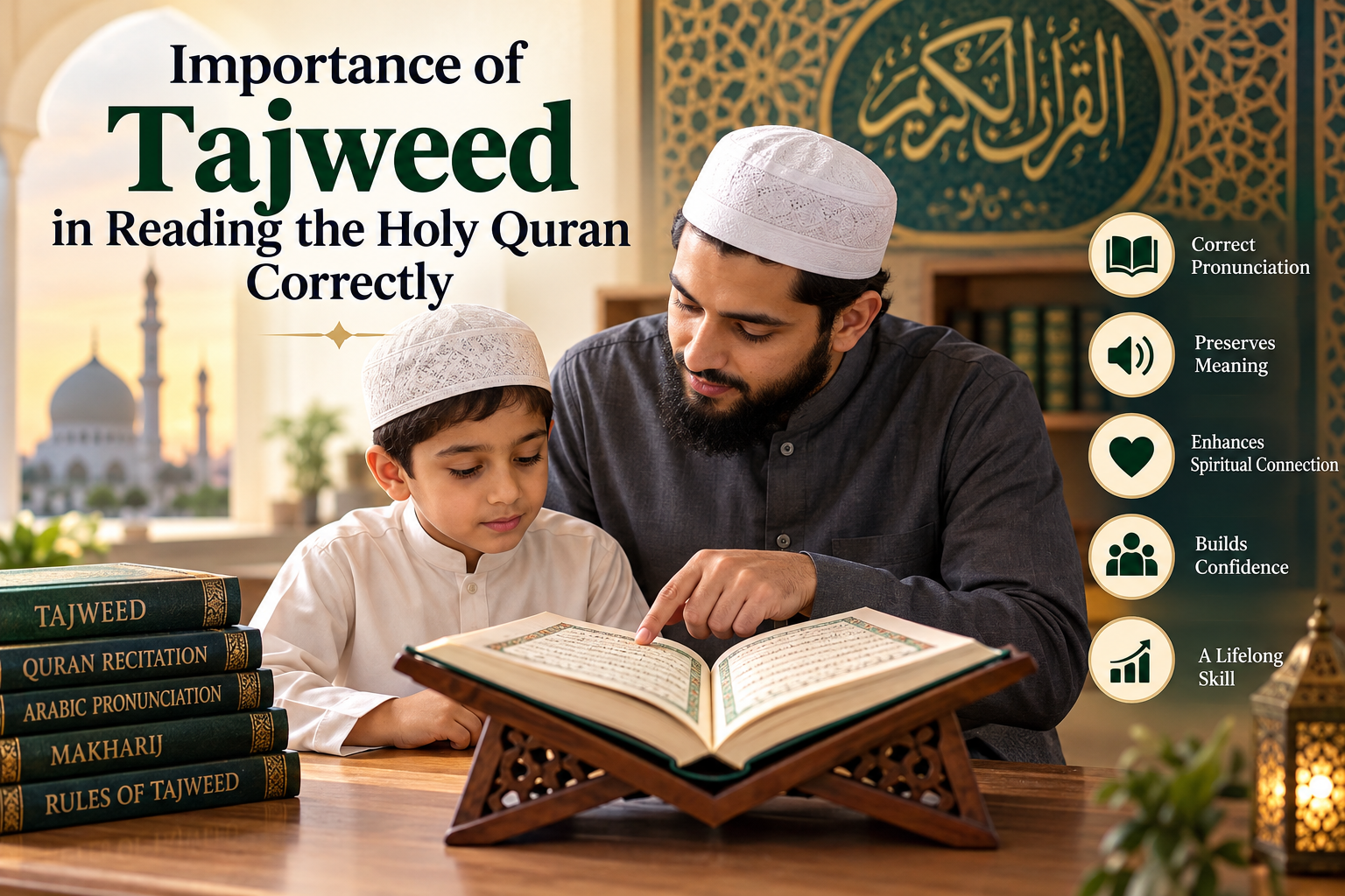 Student learning Tajweed rules and correct Holy Quran pronunciation with guidance from a Quran teacher