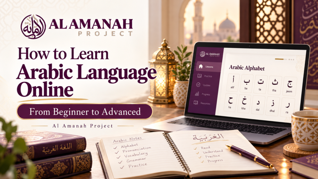 Current image: Student learning Arabic Language online through structured lessons with Al Amanah Project