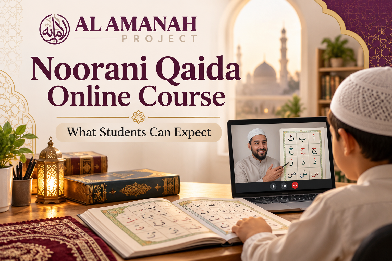Student learning Noorani Qaida online with guided Arabic letter and Quran reading practice