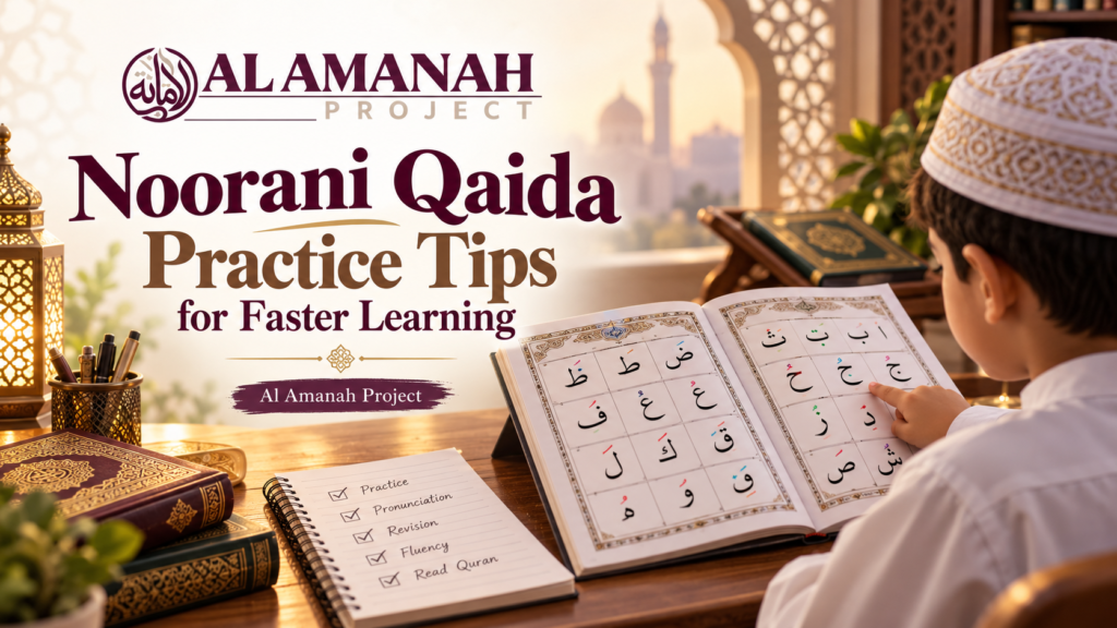 Current image: Student practicing Noorani Qaida Arabic letters and pronunciation with a Quran learning guide