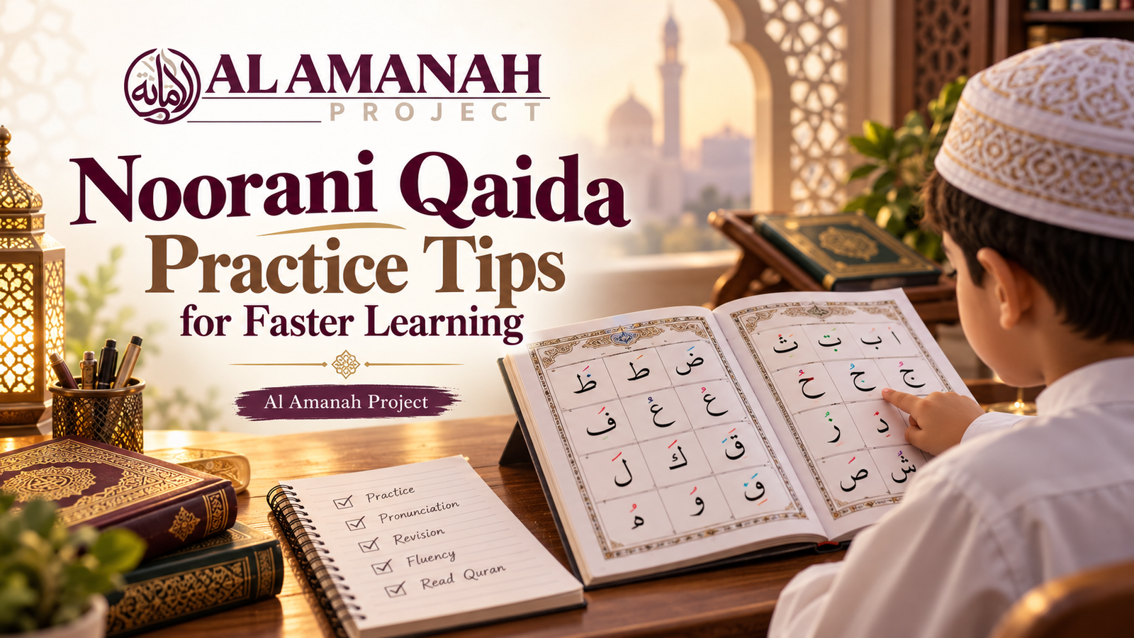 Student practicing Noorani Qaida Arabic letters and pronunciation with a Quran learning guide