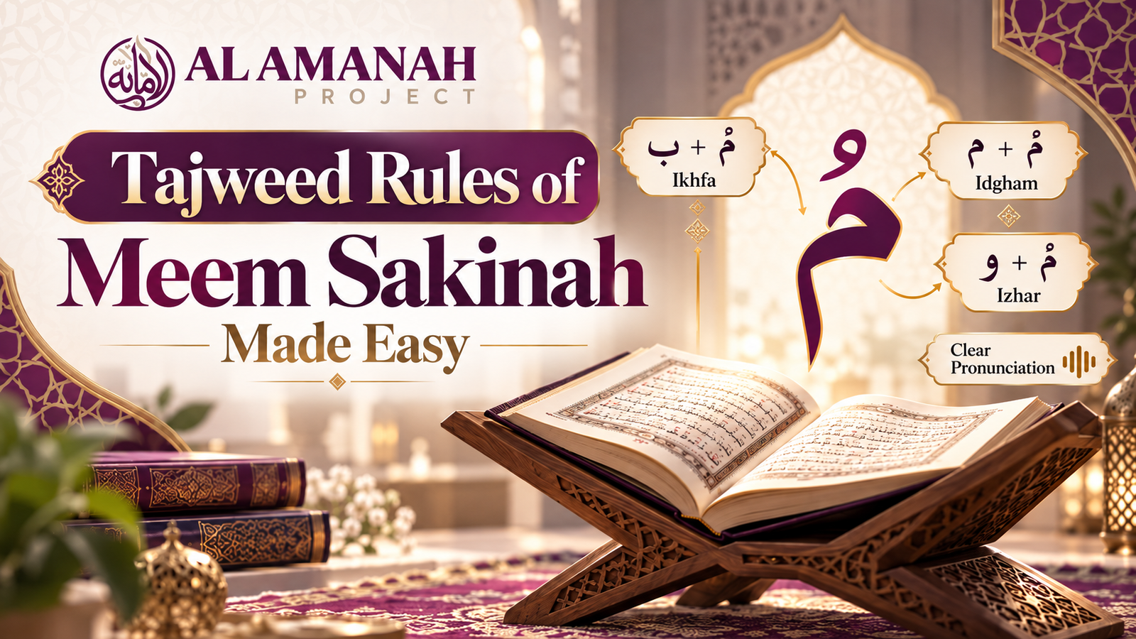 Tajweed Rules of Meem Sakinah showing Ikhfa Shafawi, Idgham Shafawi and Izhar Shafawi with Quran examples