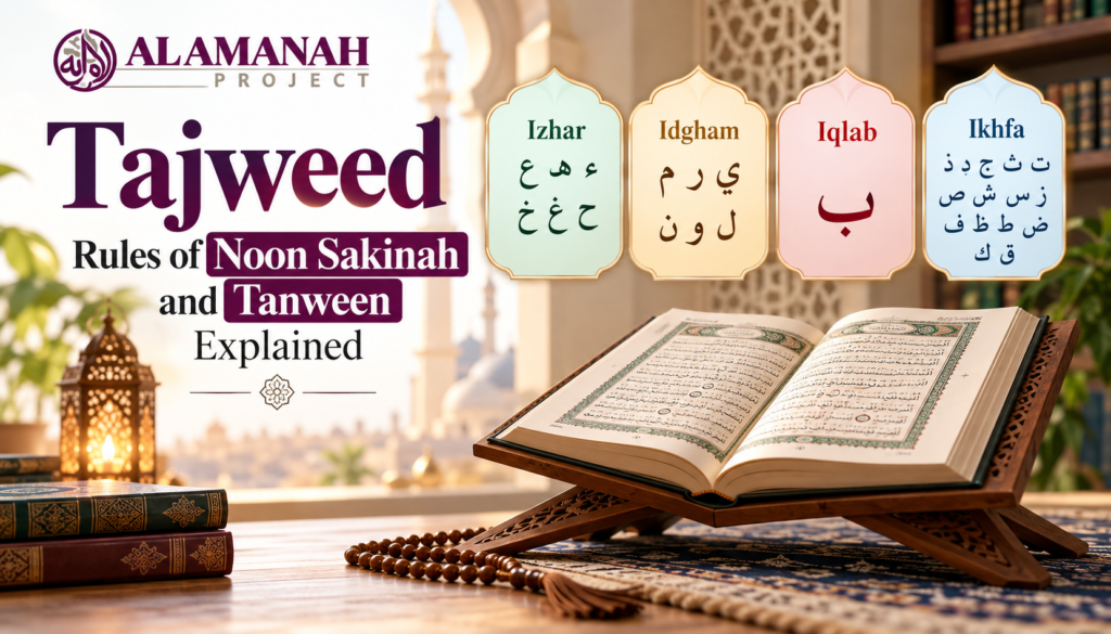 Current image: Tajweed rules of Noon Sakinah and Tanween showing Izhar Idgham Iqlab and Ikhfa